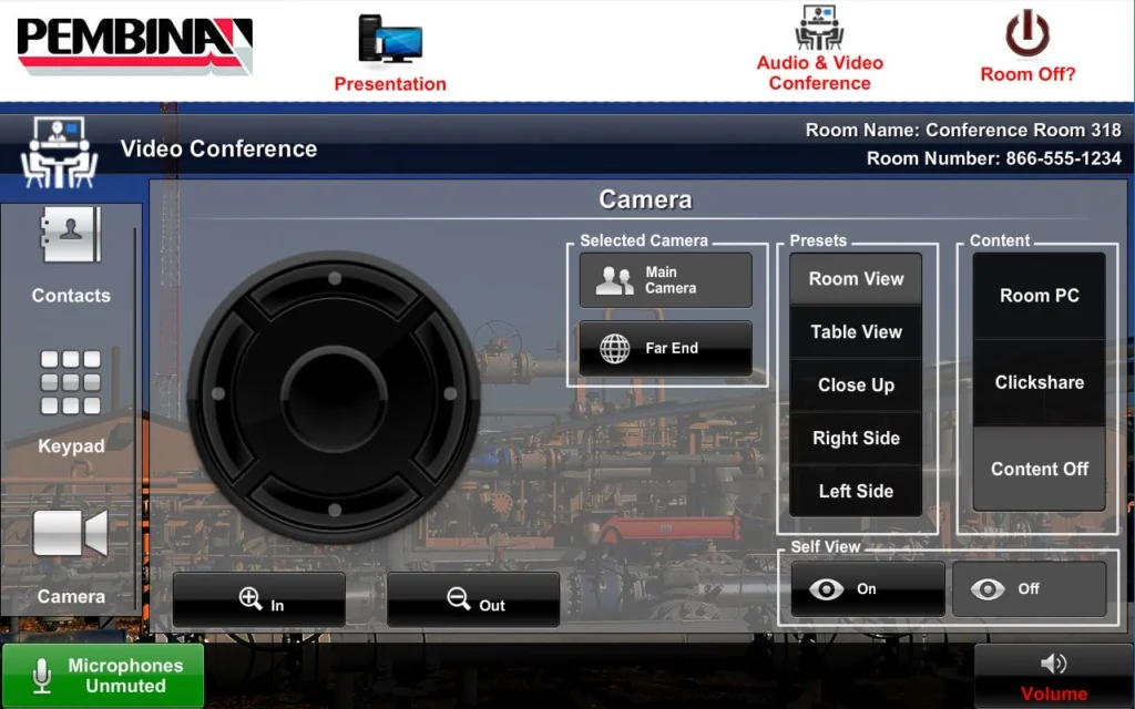 Pembina touchpanel user interface showing video conference camera controls