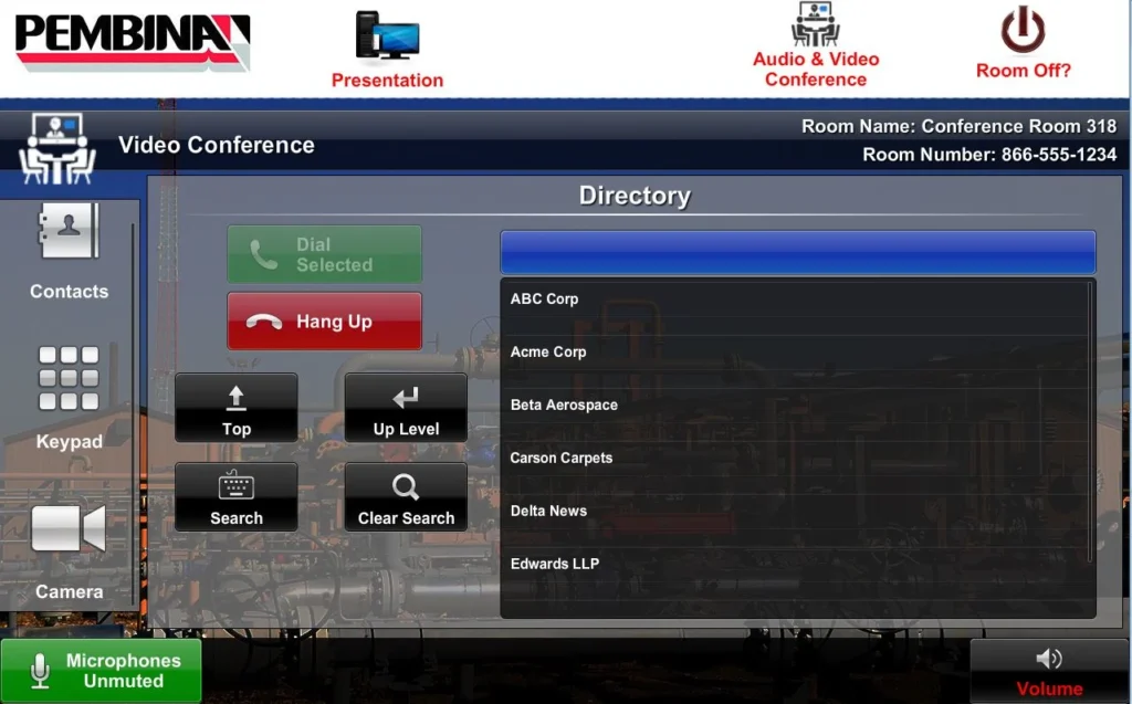 Pembina touchpanel user interface showing video conference directory controls