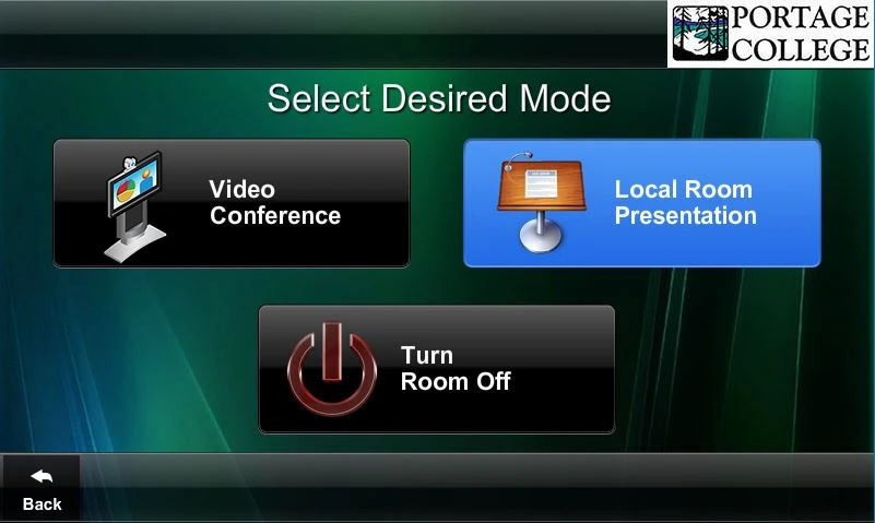 Portage College touchpanel user interface showing control system mode selection