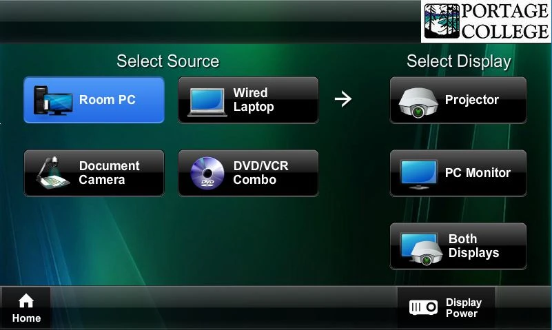 Portage College touchpanel user interface showing presentation source selection and display controls