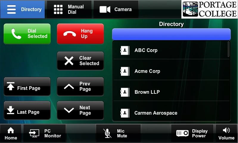 Portage College touchpanel user interface showing video conference directory controls