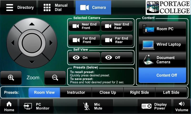 Portage College touchpanel user interface showing video conference camera controls