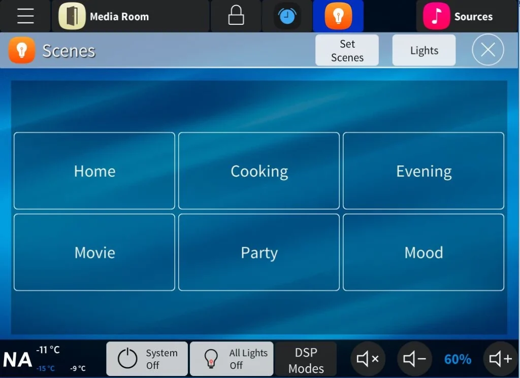 Touchpanel user interface for private residence showing lighting scene selection and controls