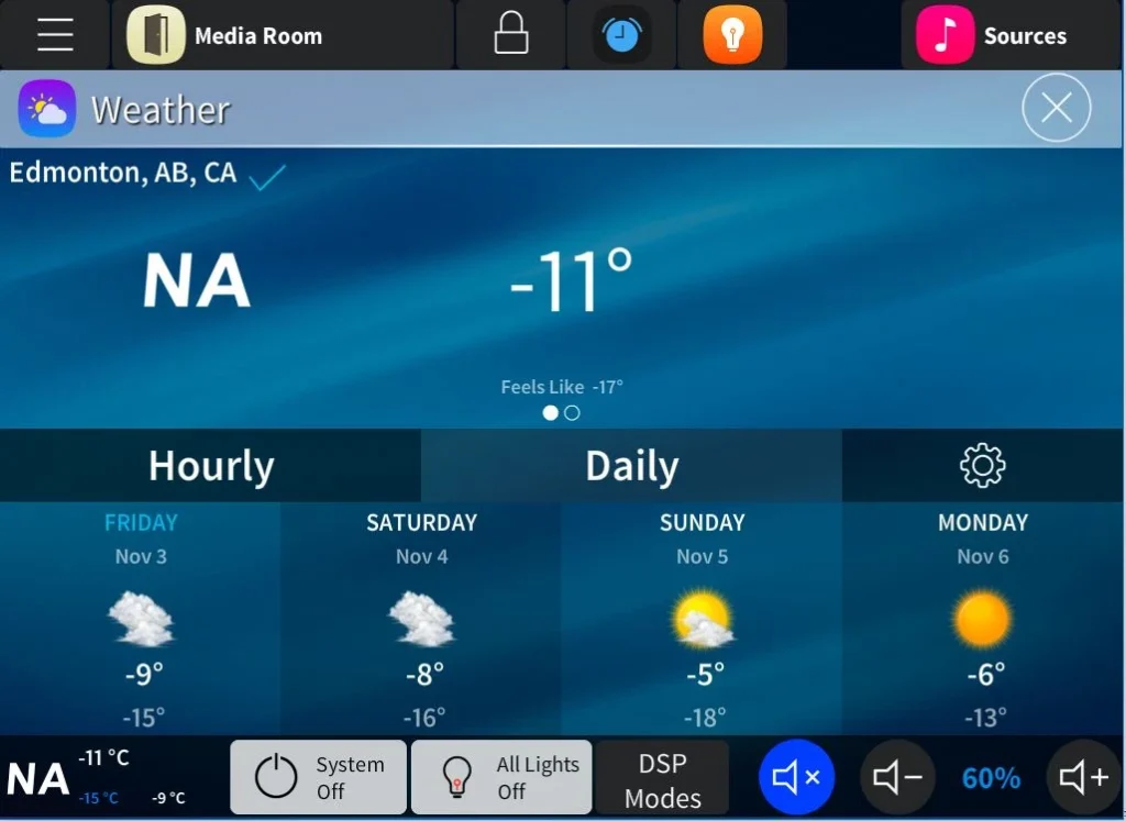 Touchpanel user interface for private residence showing weather app